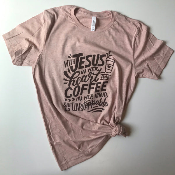 Jesus in her heart and coffee in her hand